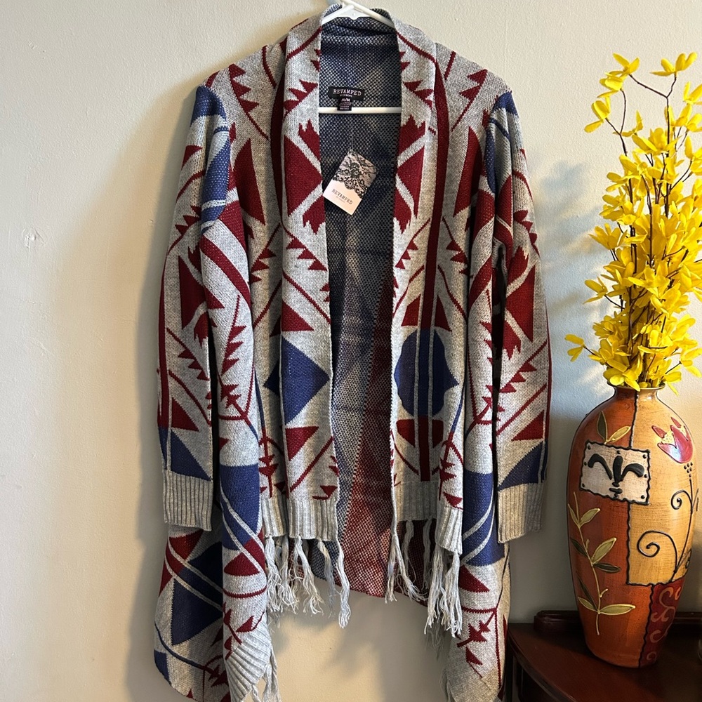 Revamped Red and Blue Knit Cardigan